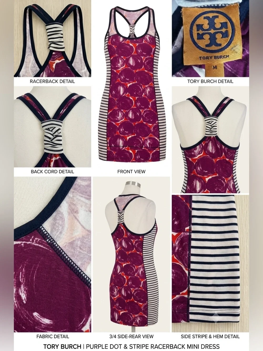 Tory Burch Purple Floral Fit-and-Flare Mini Dress with Black & White Stripes